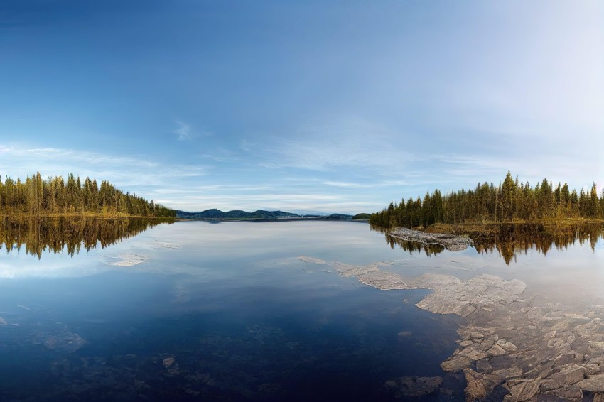 Serene Panoramic Forest Scene with Tranquil Lake and Mountains