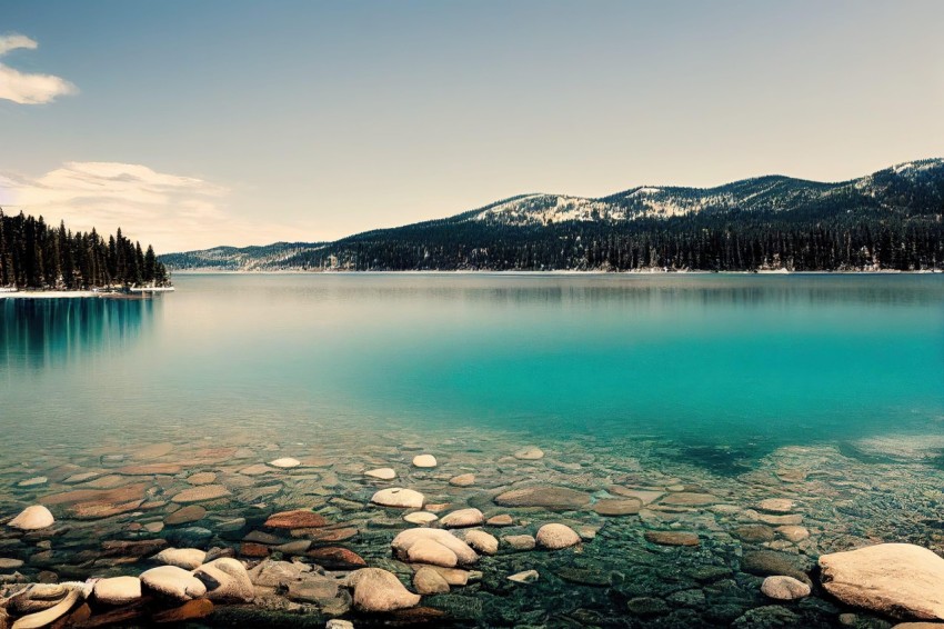 Nature's Serenity: Turquoise Lake Surrounded by Rocks and Trees