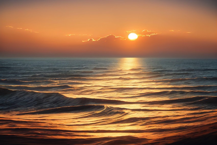 Ocean Sunset with High Horizon Lines and Reflective Waves