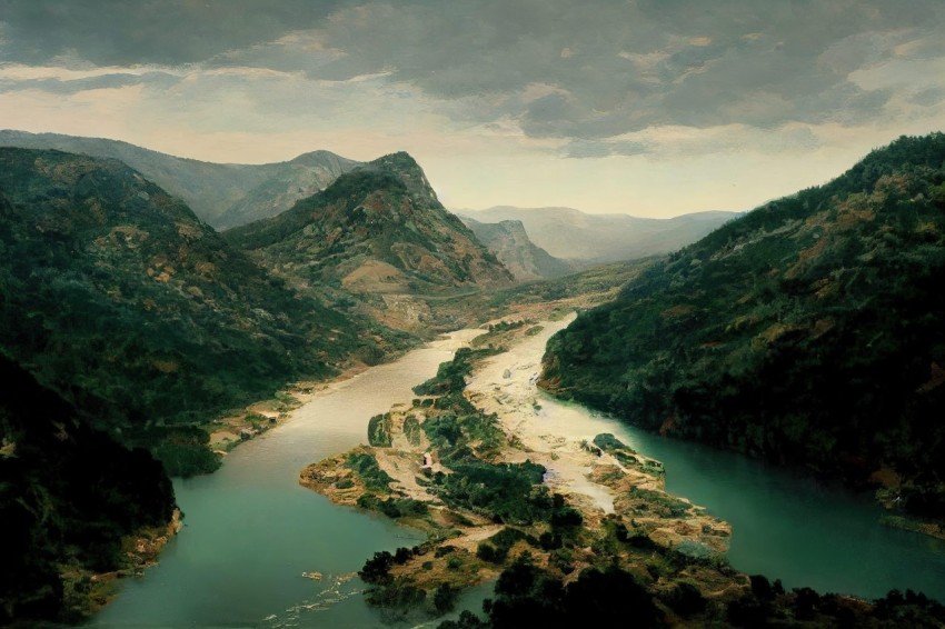 Captivating River Painting in Uncanny Valley Realism Style