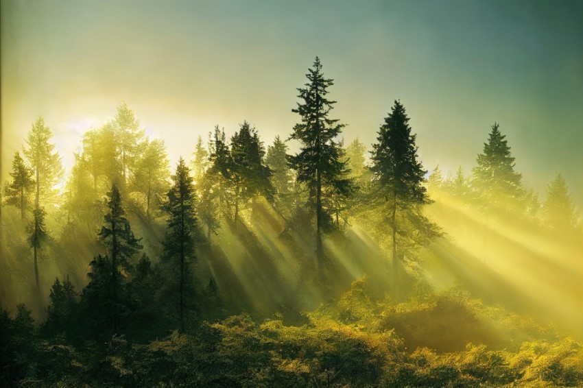 Golden Sunrise Through Pine Trees - Enchanting Nature Landscape