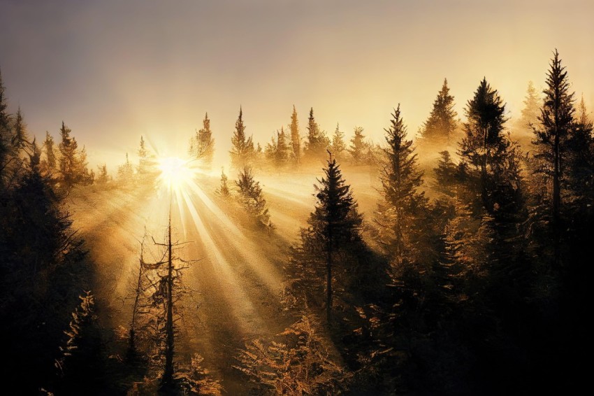 Sunlight Through Pine Trees on a Frozen Forest - A Captivating Natural Beauty