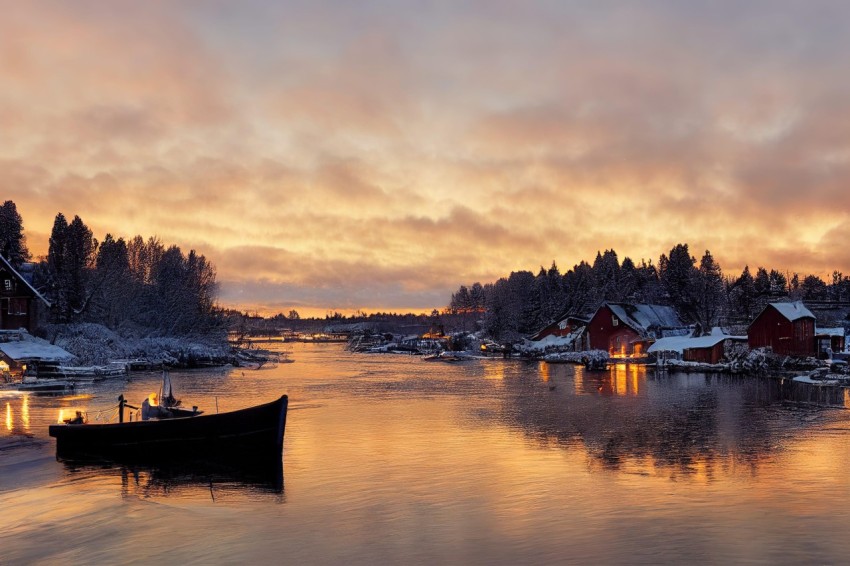 Idyllic Snow Cove Scene with Old Wooden Boat and Richly Colored Skies