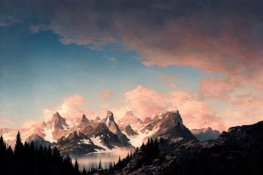 Fantasy Landscape Digital Painting of Snowy Mountain Range