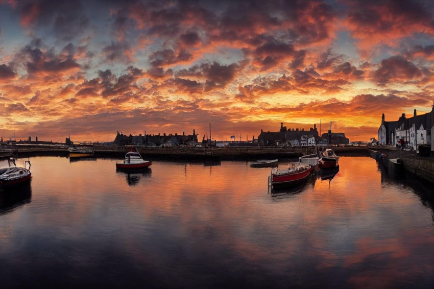 Sunset Over Seaside Town with Docked Boats - Scottish Landscapes Style
