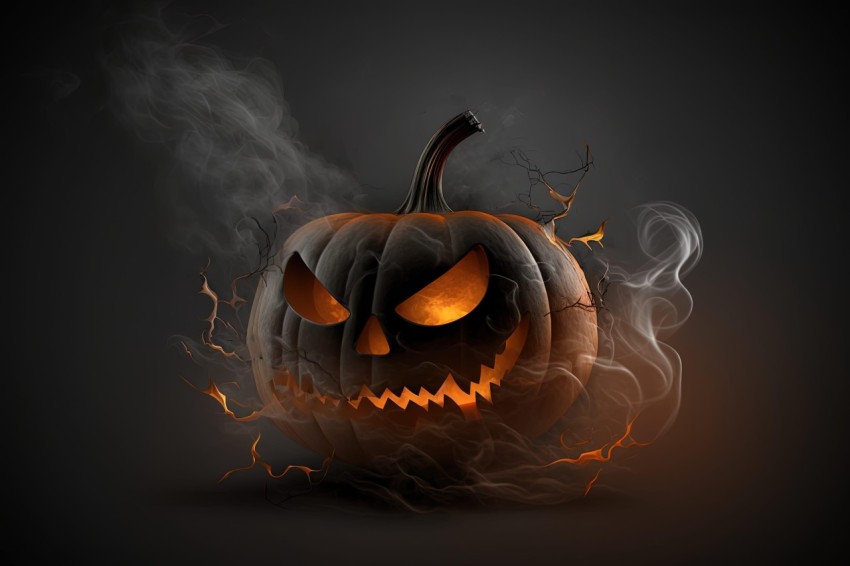 Realistic Halloween Pumpkin with Flaming Eyes and Rising Smoke