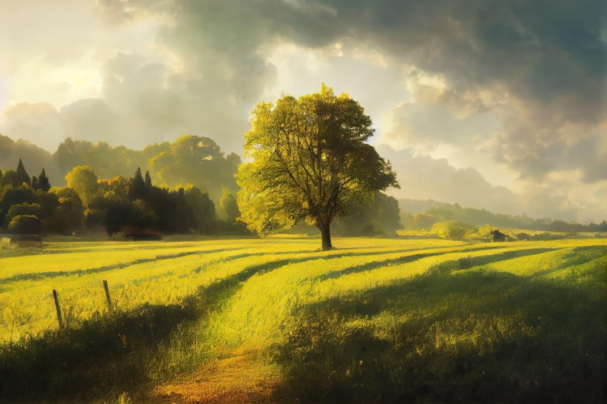 Tranquil Nature Scene: Ethereal Tree in Lush Green Field