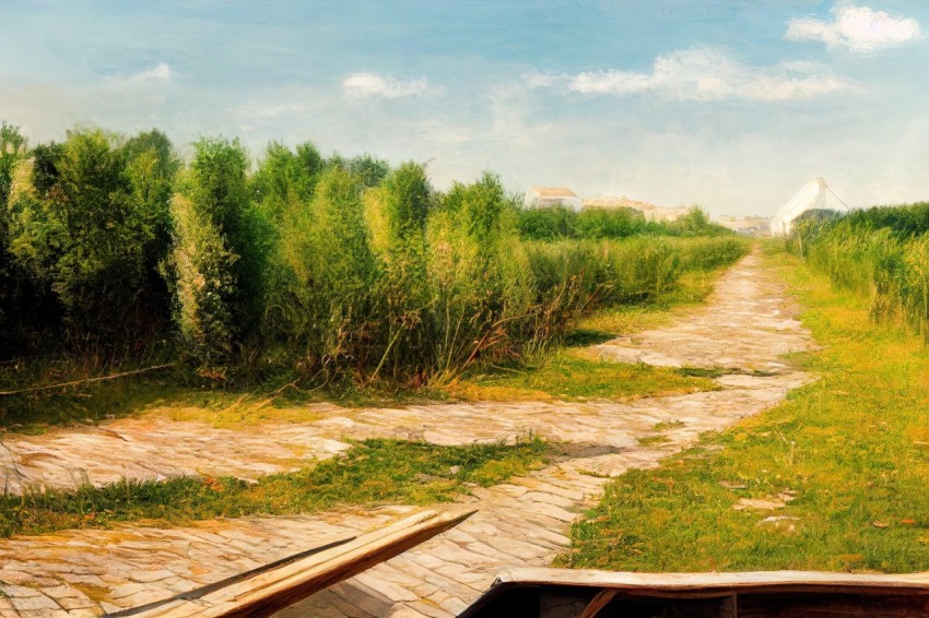 Scenic Painting of Brick Path, Boat, and River