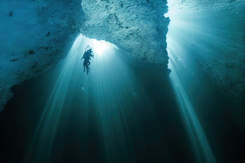 Diver in Illuminated Underwater Cave - A Tranquil Image