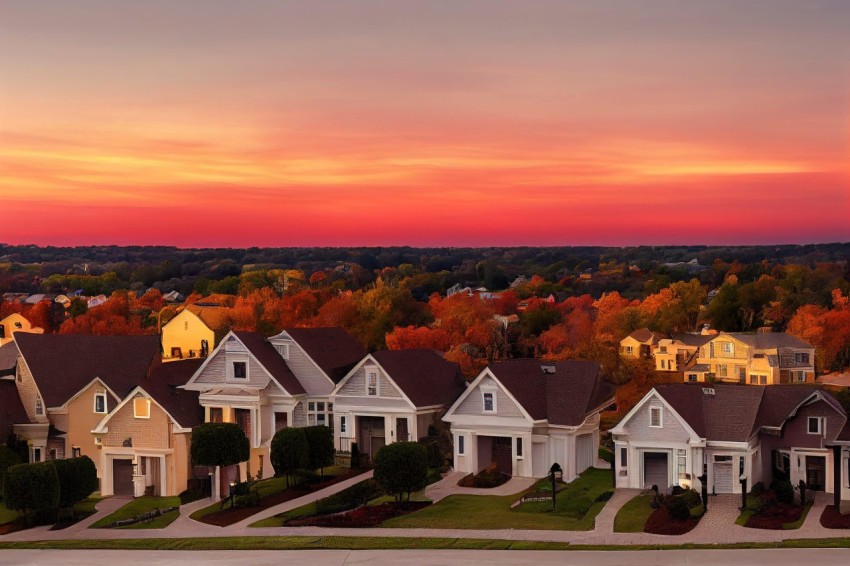Captivating Fall Sunset Over Residential Homes - Vibrant Prairiecore Imagery