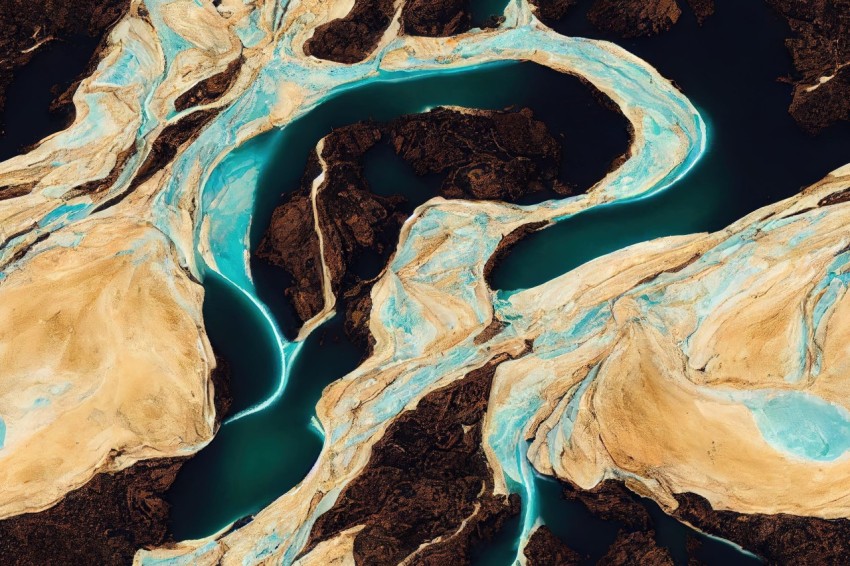 Aerial River with Natural Patterns in Dark Gold and Cyan