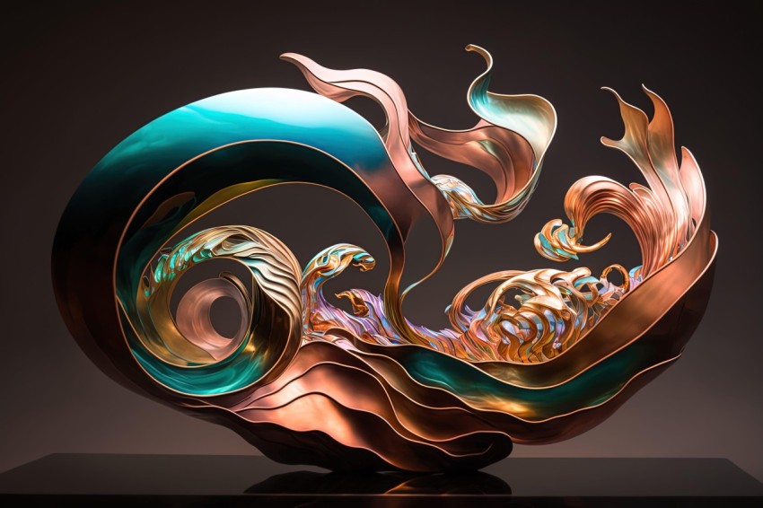 Lively Seascapes: A Stunning Blue and Copper Swirl Sculpture with Waves