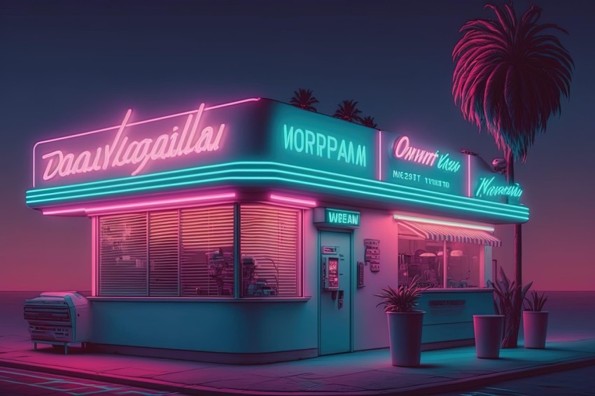 Anime Style Fastfood Restaurant Illuminated with Neon Lights