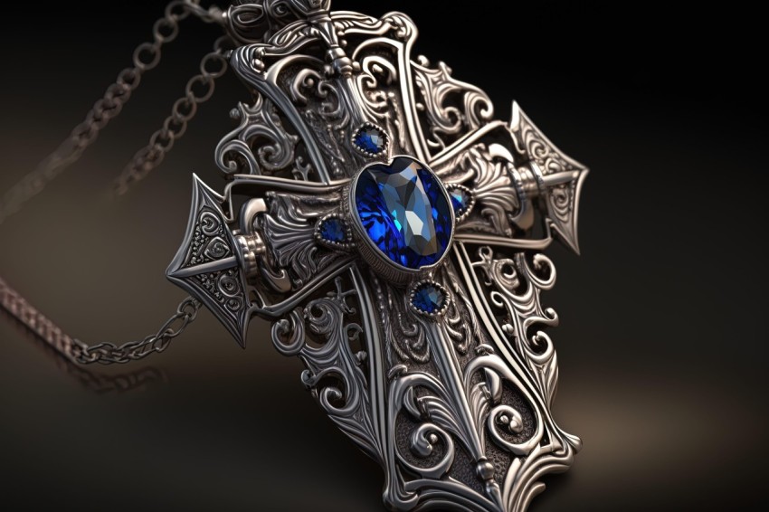 Ornate Cross Pendant with Blue Sapphire Gems - Hyperrealistic Fantasy Style