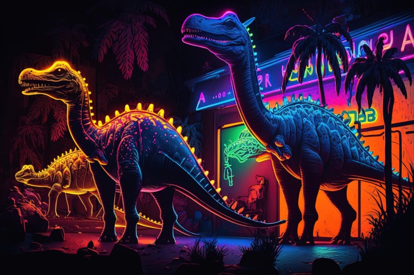 Neon Dinos in Front of a Restaurant: Bold and Cartoonish Lithographs