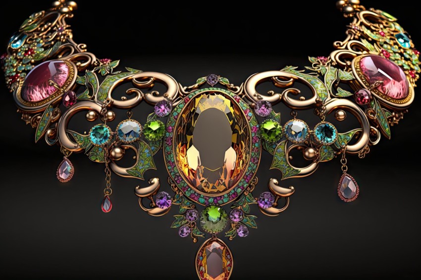 Intricate Art Nouveau Necklace with Colorful Gems - Decorative Design