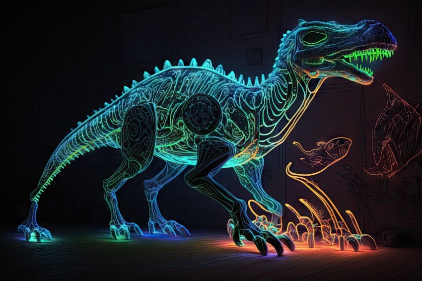 Intricate Neon Dinosaur Art in Dark Room