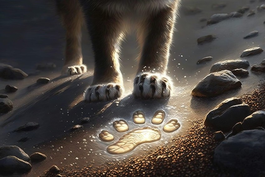 Intriguing Wolf Illustration with Paw Prints in the Sand