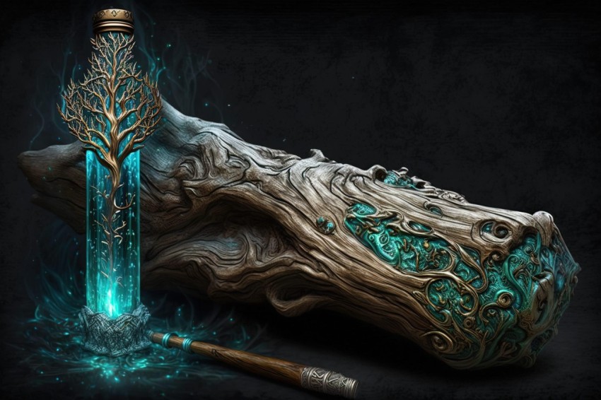 Turquoise and Bronze Sword and Tree Carving - Realistic Fantasy Artwork