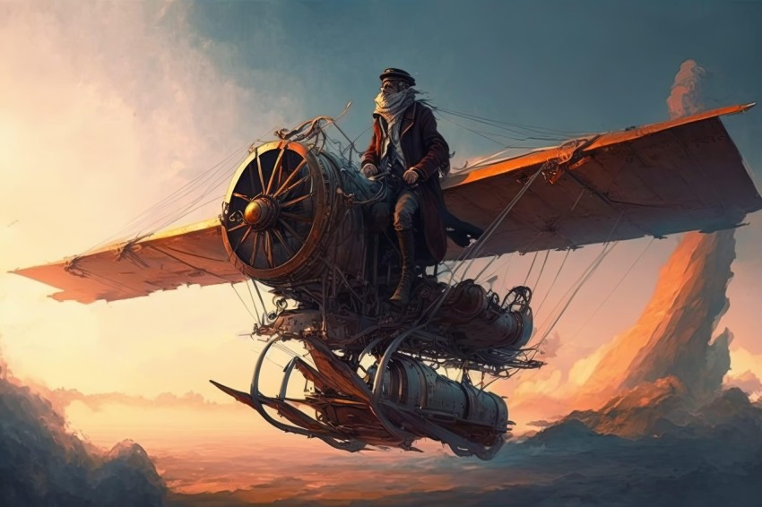Vintage Biplane Art - Fantasy-Inspired Steampunk Illustration