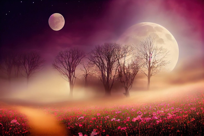 Mystical Pink Field with Full Moon and Path - Dreamlike Landscape