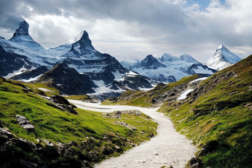 Pathway to Majestic Snow-Capped Mountains | Swiss Style Landscape