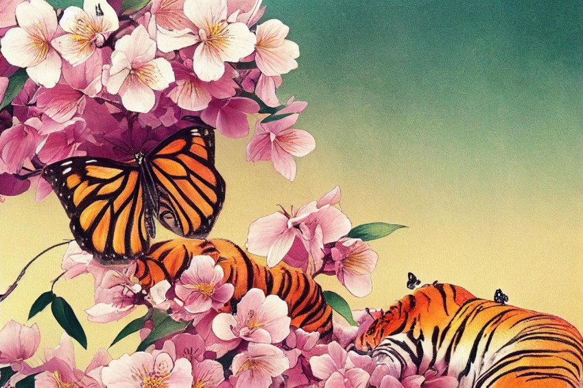 Colorful Tiger and Butterfly Illustration in Pink Blossoms