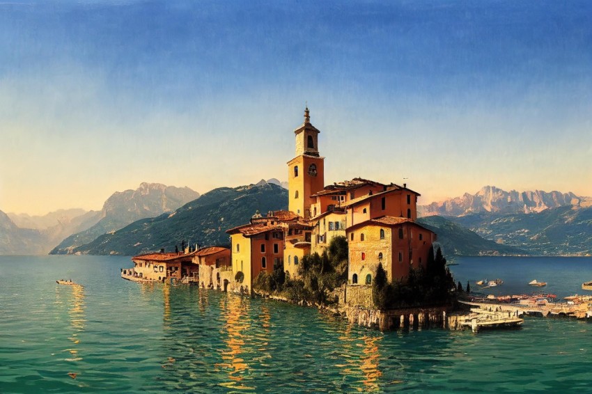 Realistic Painting of a Lake with a Village | Italian Renaissance Revival