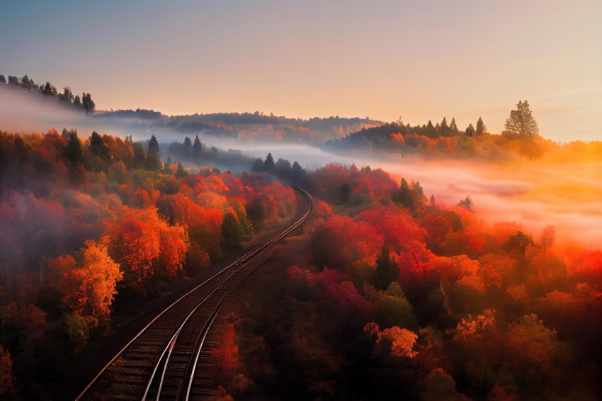 Autumn Railroad Tracks in Fog at Sunrise - Romantic Landscapes