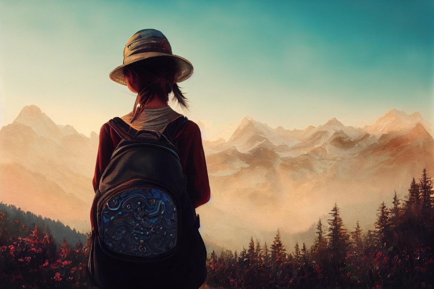Woman with Hat and Backpack in Realistic Landscape