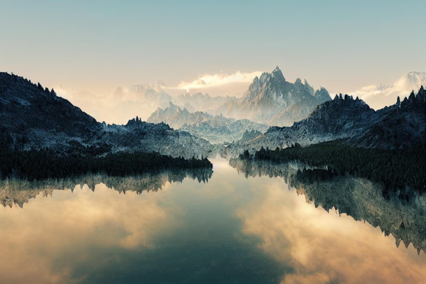 Ethereal Fantasy Mountain and Lake Scene