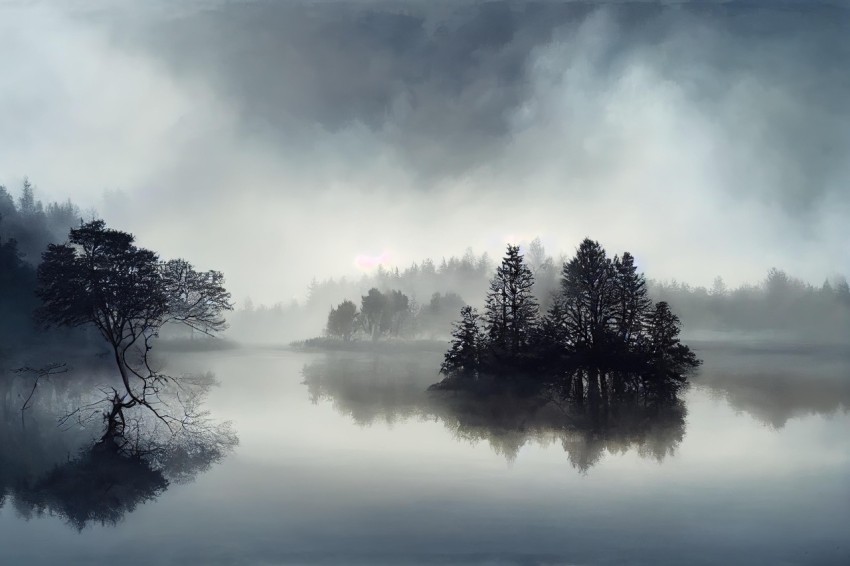 Misty Forest: Digital Painting of Trees by a Scottish Lake