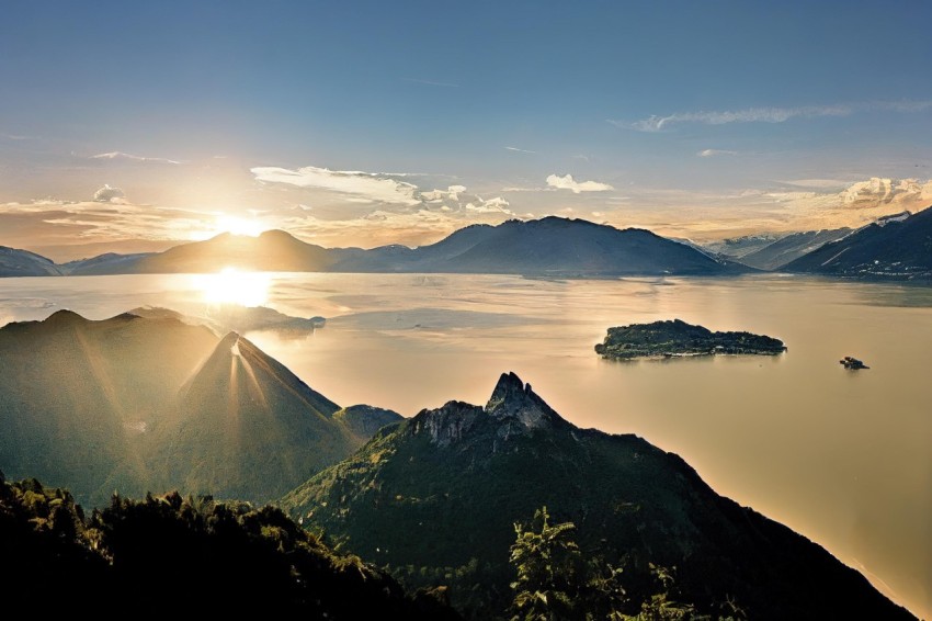 Aerial View of Mountains and Lakes at Sunset | Italian Landscapes | Mist | Panoramic Scale
