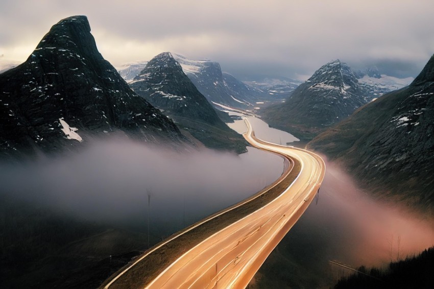Majestic Mountain Highway in Norwegian Nature - Atmospheric Illusionism