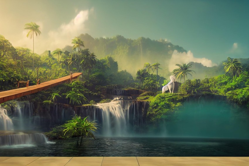Surreal Tropical Landscape with Bridge and Waterfalls