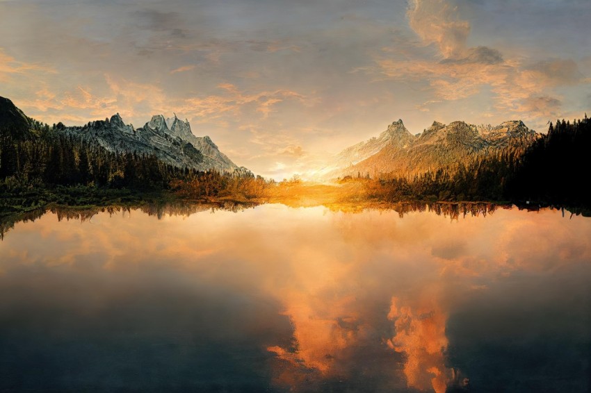 Sunset of Mountains in Lake - Epic Fantasy Scene