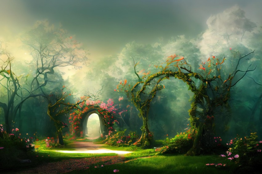 Whimsical Pink Forest Path in Lush Landscape | Fantasy Art