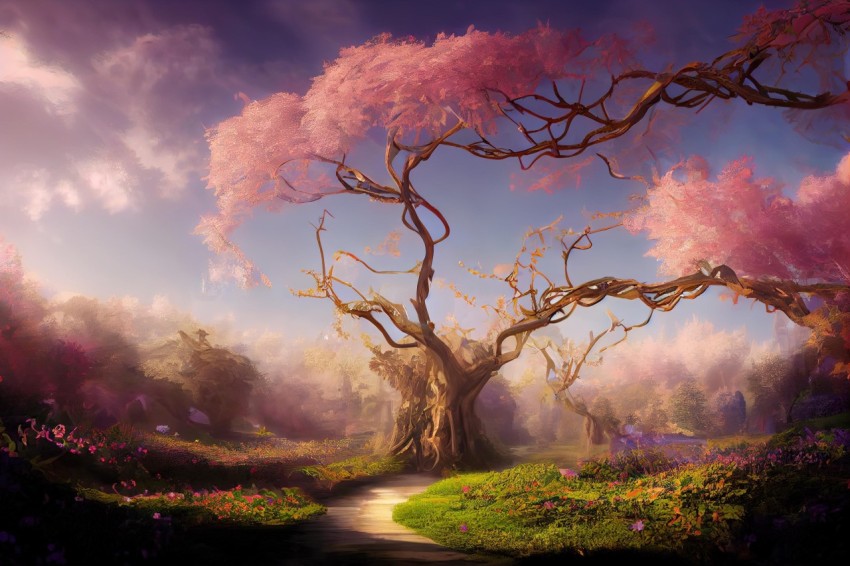 Pink Flowering Trees in Epic Fantasy Style