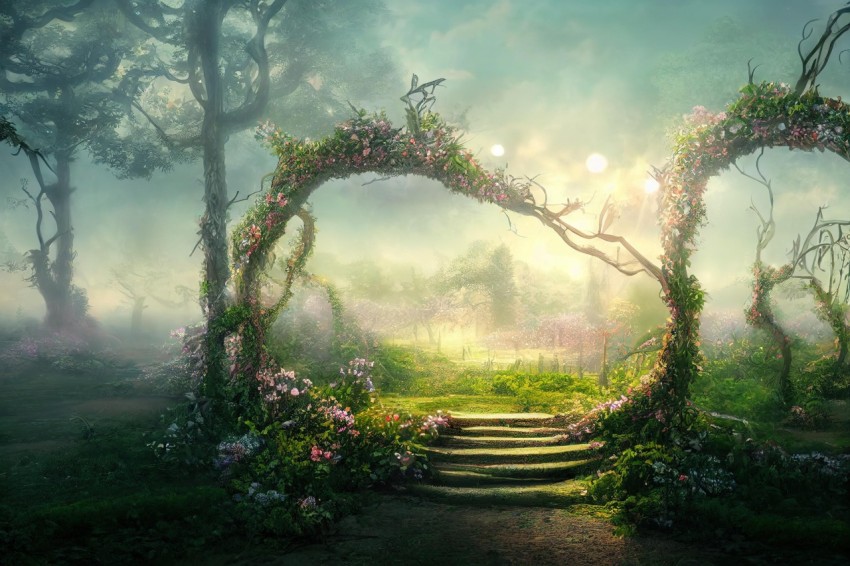 Enchanting Fairytale Forest with Pink Flowers - Ethereal Stage Backdrop