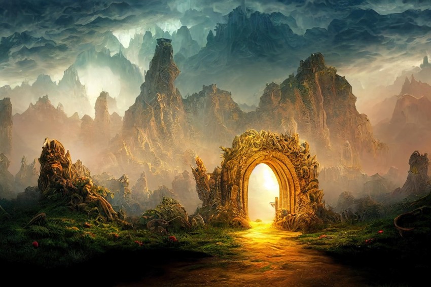 Fantastical Wallpaper: Archway Inside a Mountain with Golden Light