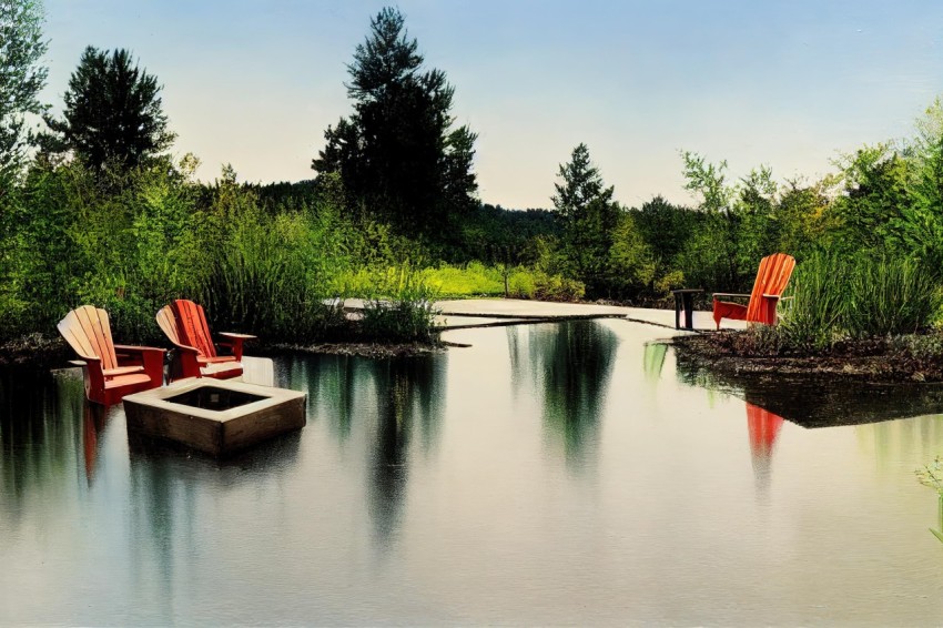 Tranquil Pond with Red Chairs in Lush Forest