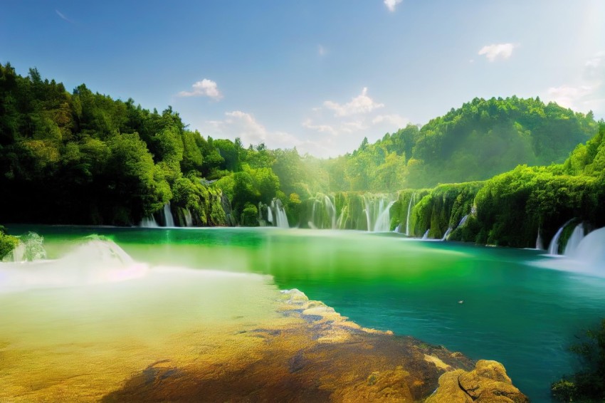 Serene Green Rivers and Waterfalls in Ancient Chinese Art Style