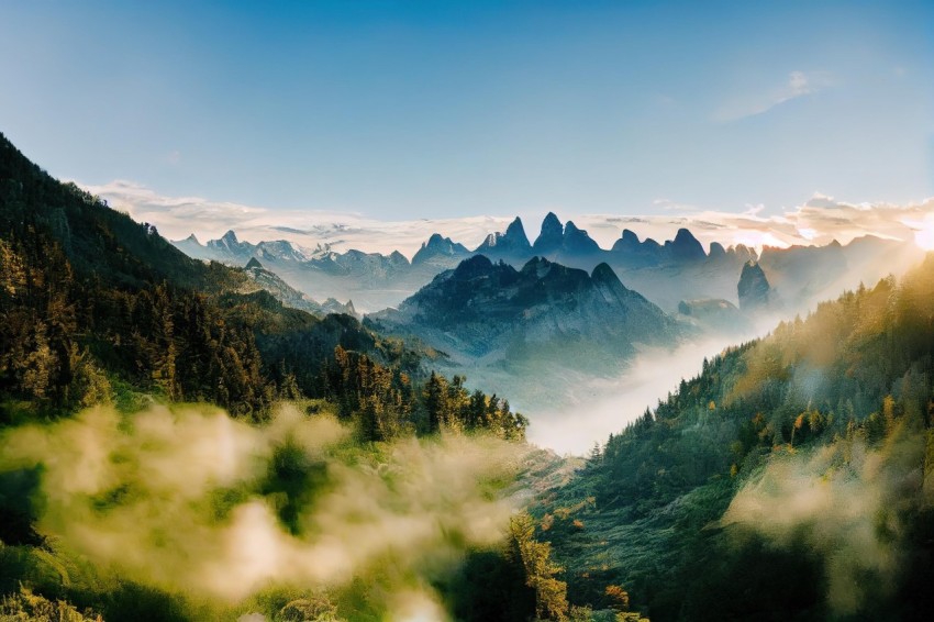 Misty Mountain Scene at Sunrise - Fairytale-Inspired Landscape