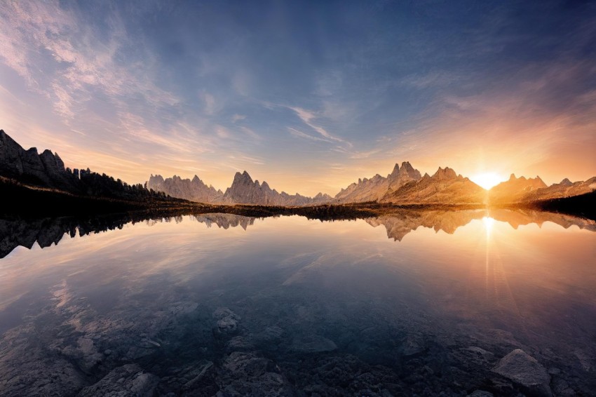 Sunrise Reflection of Mountains - Dreamy and Isolated Landscape