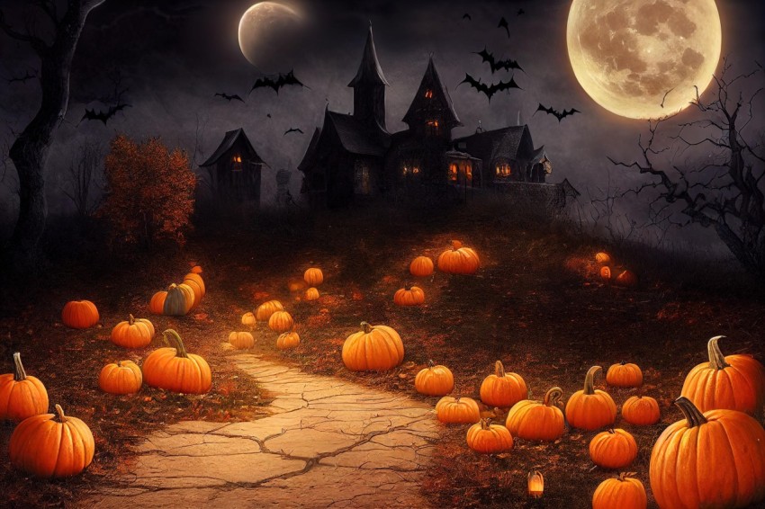 Pumpkins on a Path: Photorealistic Castle and Moon Image