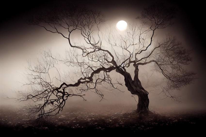 Mystical Tree in Fog with Full Moon - Macabre Romanticism
