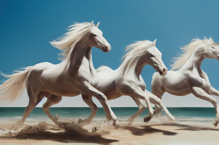 White Horses Running on Sand - Hyper-Realistic Still Life Painting