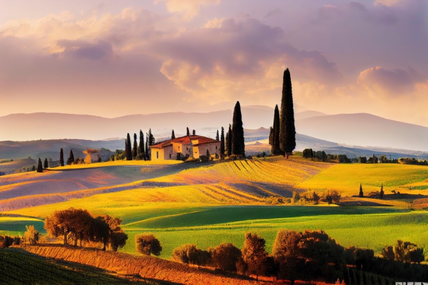 Tuscan Countryside: Iconic Landscapes in Light Amber and Magenta