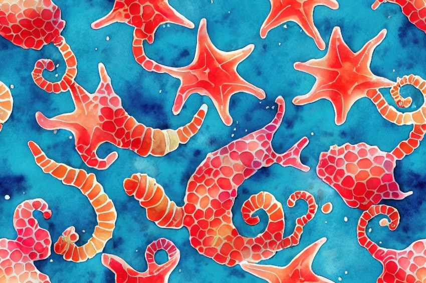 Blue and Orange Sealife Design Artwork | Watercolor Washes