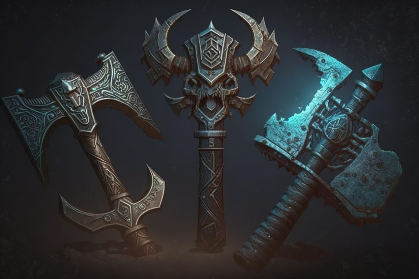 Intricate Axes and Spears on Dark Background | Tenebrism Mastery